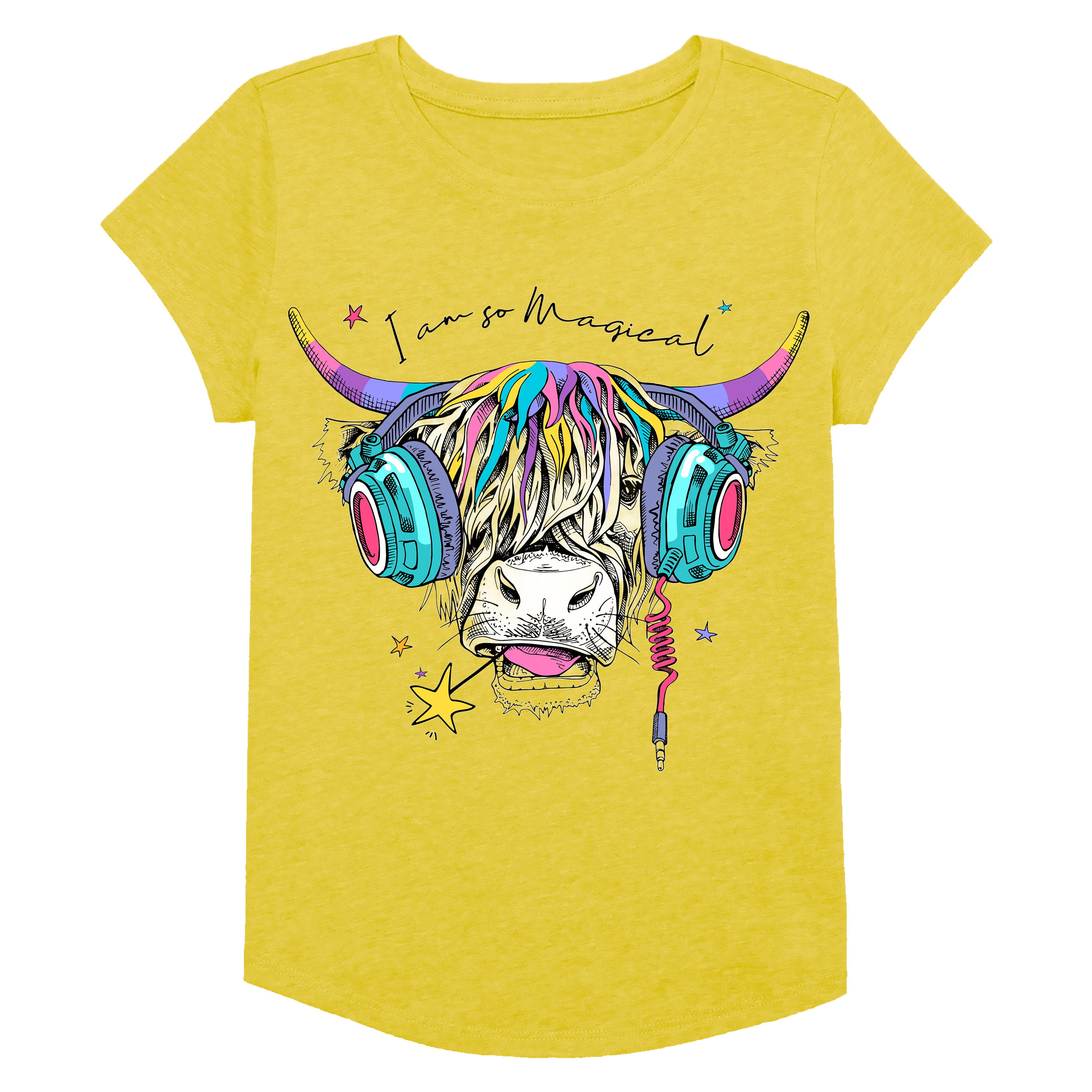 Buy yellow Girls Scottish Cow Graphic Short Sleeve T-Shirt